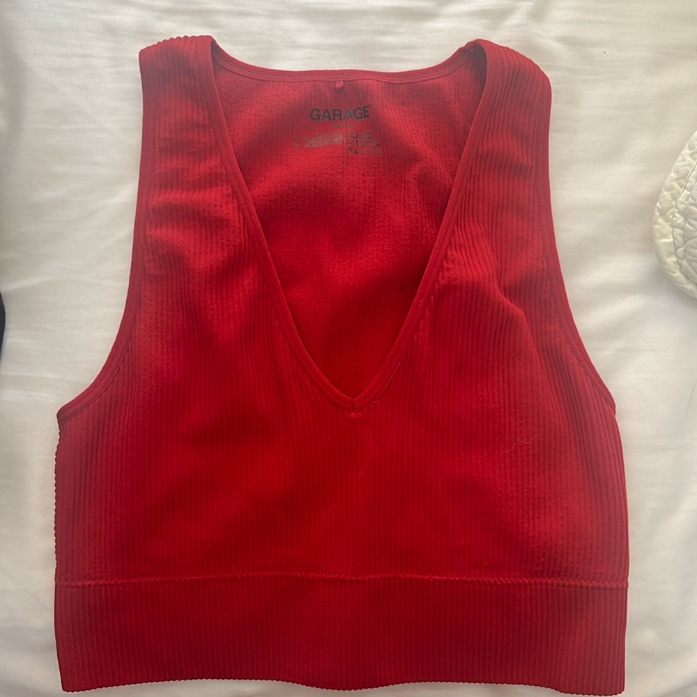 Garage Red Ribbed V-Neck Tank Top